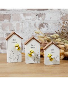 BEE HOUSE BLOCK S/3 WHITE WOOD WITH 3D FABRIC BEE & QUOTE