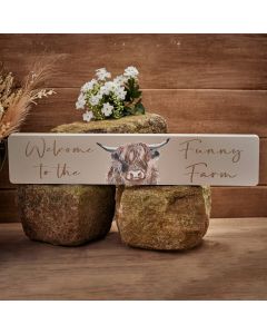 DOUGAL HIGHLAND COW LONG PLAQUE GREY WOOD FUNNY FARM