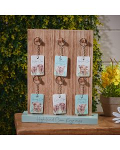 HIGHLAND COW FLORAL KEYRING 6 ASSTD 36/STAND WOODEN WITH QUOTE SS25