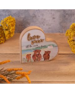 HIGHLAND COW LOVE MOO WOOD HEART BLOCK WITH 3D ELEMENT