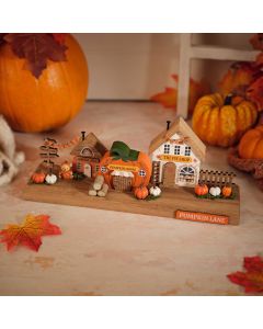 HARVEST HOME WOOD PUMPKIN LANE DECORATIVE BLOCK WITH 3 HOUSES