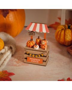 HARVEST HOME WOOD PUMPKIN PATCH STALL WITH RESIN TEDDY AND PUMPKINS ORNAMENT