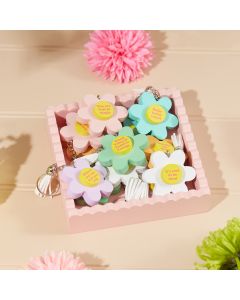 BRIGHT RETRO FLOWER KEYRING 6 ASSTD 36/TRAY WOODEN WITH TASSEL