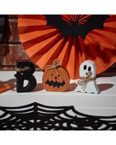 HALLOWEEN BOO CHARACTER BLOCK 3PC SET WOODEN WITH STRING ACCENTS