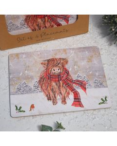 HIGHLAND COW WITH TARTAN SCARF SNOW SCENE HEAT RESISTANT PLACEMAT BOX OF 4