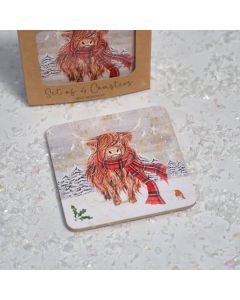 HIGHLAND COW WITH TARTAN SCARF SNOW SCENE HEAT RESISTANT COASTER BOX OF 4