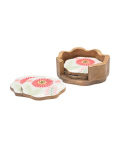 FLORAL LUXE SCALLOPED EDGE MANGO WOOD COASTER SET OF 4