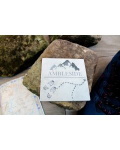 AMBLESIDE COASTER WHITE WOOD WITH GREY MOUNTAINS & FOOTPRINTS++