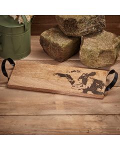 MANGO WOOD DECORATIVE ENGRAVED COW BOARD WITH METAL HANDLES