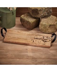 MANGO WOOD DECORATIVE ENGRAVED SHEEP BOARD WITH METAL HANDLES
