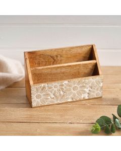 ANTIQUE WHITE MANGO WOOD EMBOSSED FLOWER DESIGN LETTER RACK