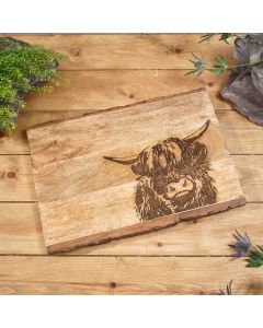 MANGO WOOD ENGRAVED DECORATIVE HIGHLAND COW BOARD WITH BARK EDGE