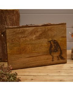 MANGO WOOD ENGRAVED DECORATIVE ROBIN BOARD WITH BARK EDGE