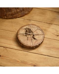MANGO WOOD ENGRAVED ROBIN DETAIL SET OF 2 COASTERS WITH BARK EDGE