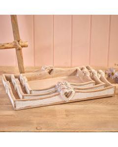 MANGO WASHED WOOD WITH MDF HEART HANDLE RECTANGULAR WOODEN TRAYS SET OF 3