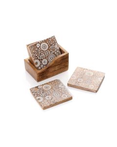 MANGO WOOD FLORAL ETCHED COASTER SET OF 4 IN TRAY