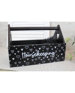 HOUSEKEEPING CADDY BLACK WOOD WITH HEARTS & WHITE QUOTE++