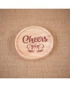 CHEERS ROUND WOOD LIPPED COASTER