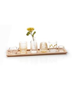 PAULOWNIA WOOD TRAY WITH GLASS VASE & VOTIVES PLUS FAUX FLOWER STEM+