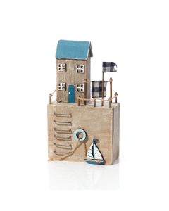 RUSTIC HOUSE ORNAMENT ON WOODEN DOCK BASE WITH FLAGS & BOAT+