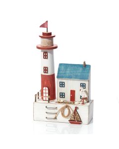 LIGHTHOUSE ORNAMENT ON BASE WITH HOUSE RED & WHITE WOOD