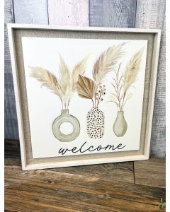 PAMPAS GRASS VASE FRAMED PLAQUE WELCOME WHITE WOOD & LINEN+