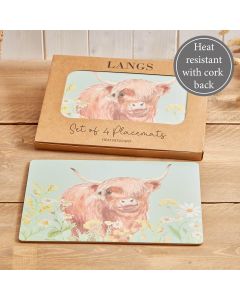 HIGHLAND COW FLORAL PLACEMAT S/4 IN BOX HEAT RESISTANT WOOD