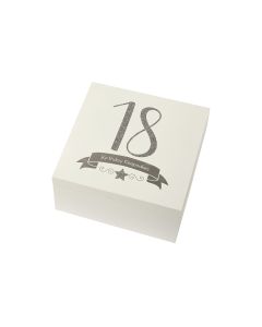 18TH BIRTHDAY BOX WHITE WOOD WITH GREY BANNER & QUOTE++