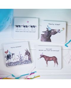 PARTY ANIMAL SQUARE COASTER 4 ASSTD WHITE WOOD++