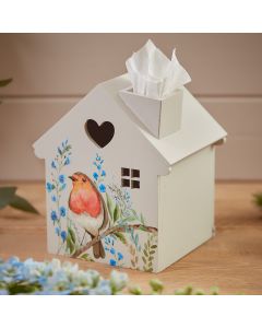 ROBIN FORGET ME NOT HOUSE TISSUE BOX WHITE WOOD