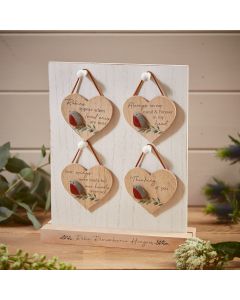 ROBIN PEBBLE HEART HANGER 4 ASSTD 48/STAND NATURAL WOOD