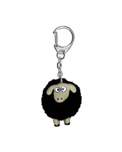 SHEEP POM POM KEYRING WOODEN WITH BLACK FLEECE