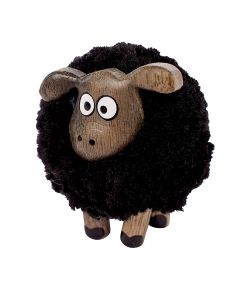 SHEEP POM POM ORNAMENT LARGE WOODEN WITH BLACK FLEECE