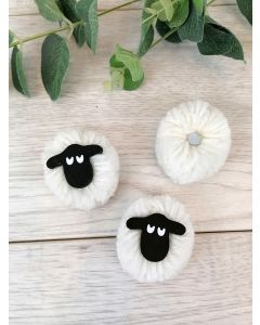 SHEEP POM POM MAGNET WOODEN WITH WHITE FLEECE & BLACK FACE