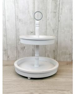 WHITE TIERED TRAY WOODEN WITH ROUND GREY METAL HANDLE
