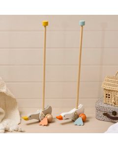 WOODEN PUSH ALONG GOOSE 12 MONTHS+ 2 ASSTD COLOURS++