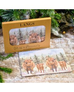 FROSTED HIGHLAND COW SCENE HEAT RESISTANT PLACEMAT BOX OF 4