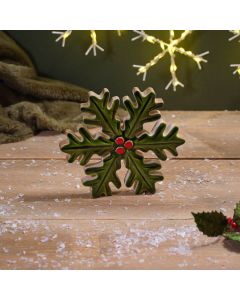 CHRISTMAS MANGO WOOD PAINTED HOLLY SNOWFLAKE LARGE+
