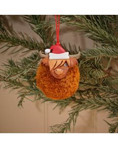 CHRISTMAS HIGHLAND COW POM POM WITH SANTA HAT HANGER