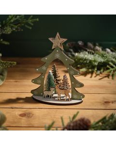 EVERGREEN WOOD CHRISTMAS TREE SHAPED WOODLAND SCENE WITH STAG AND BRUSH TREE