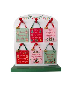 KITSCHMAS WOOD HANGING PLAQUE WITH BELLS 6 ASSTD STAND OF 36