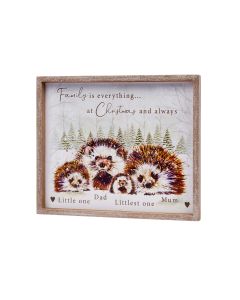 HEDGEHOG FAMILY FRAMED PLAQUE WOODEN WITH SPLATTER & FOREST+++