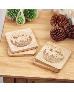 MANGO WOOD XMAS SLEIGH COASTER S/4