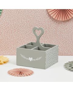 GREY DIVIDED CRATE GREY WOOD WITH HEART WREATH & HANDLE++