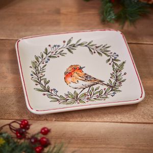 XMAS ROBIN SQUARE PLATE WHITE DEBOSSED STONEWARE WITH WREATH